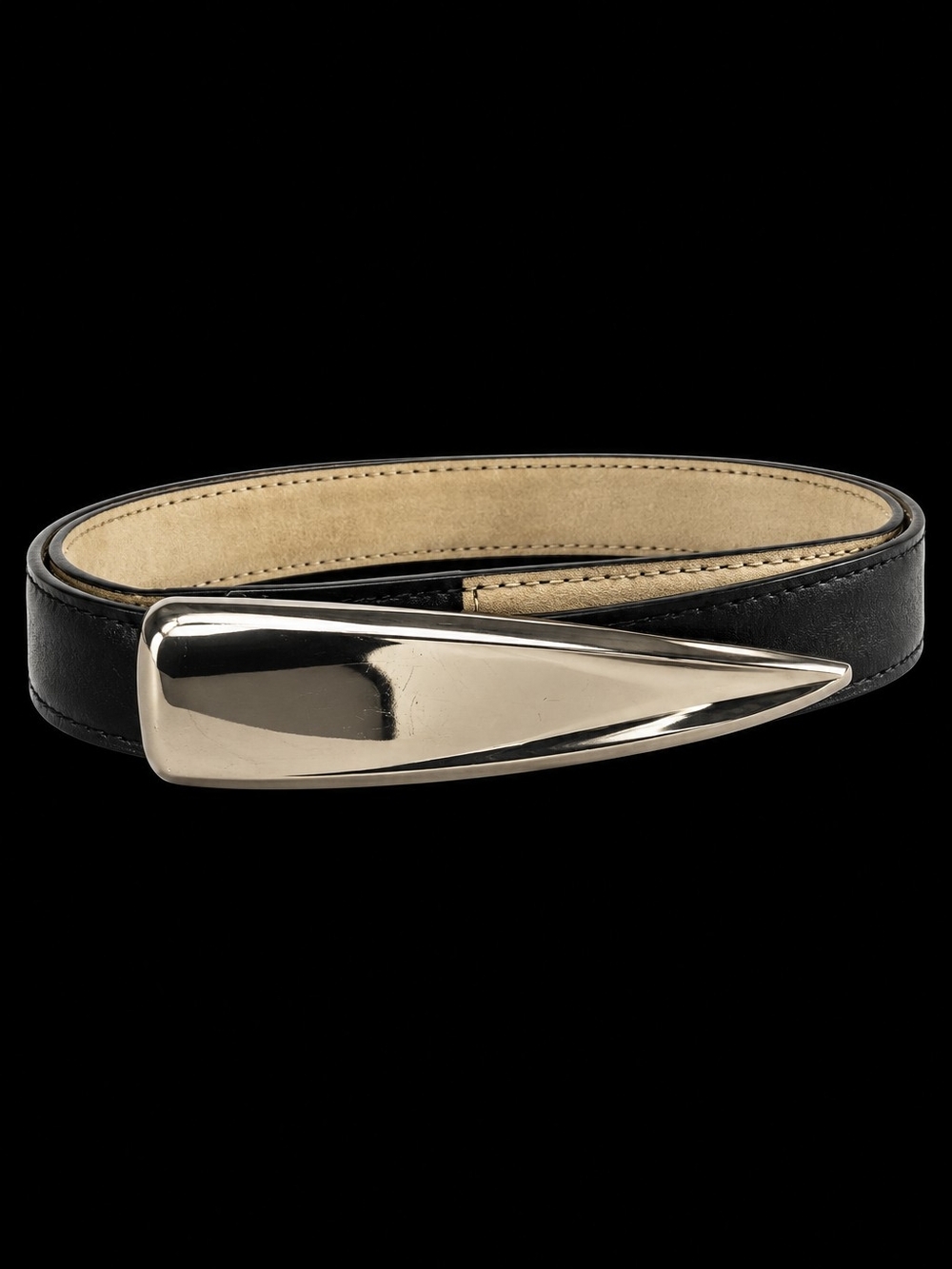Vintage LAWRENCE BENTLEY Genuine Leather Black Belt Sculptural Silver Buckle